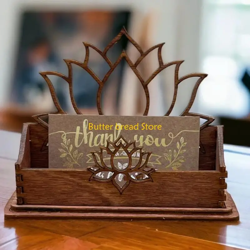 W89C Desktop Business Card Organiser Flower Carved Wooden Card Storage Box For Office Desk Organization 5.1x4.1x1.5Inch