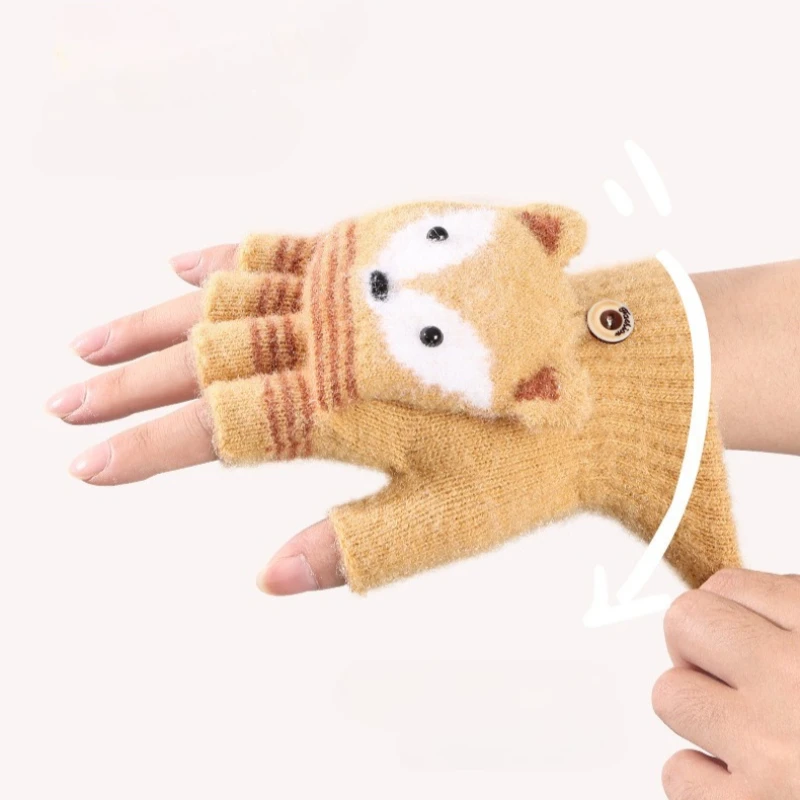 Cartoon-Tier-Handschuhe für Kinder, Flip-Design, Halbfinger-Handschuhe, Fünf-Finger-Winter-Wärmehandschuhe, gestrickt, für 7-9-jährige Jungen und Mädchen, Geschenkidee – Detail 4