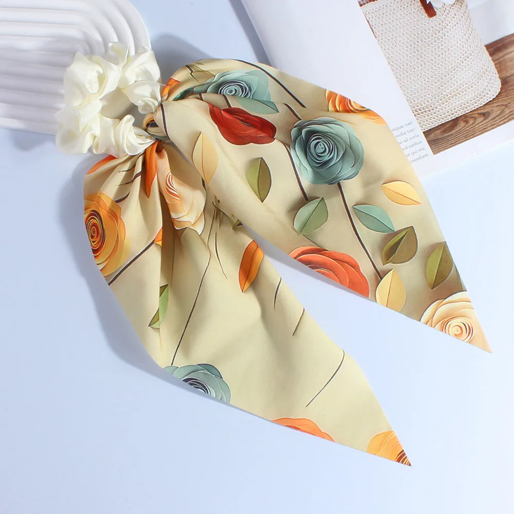 Ikat Rambut Besar Motif Bunga Eropa dan Amerika, Pita Kain untuk Kepala, Ikat Rambut Kuncir Kuda, Grosir, Mengembang