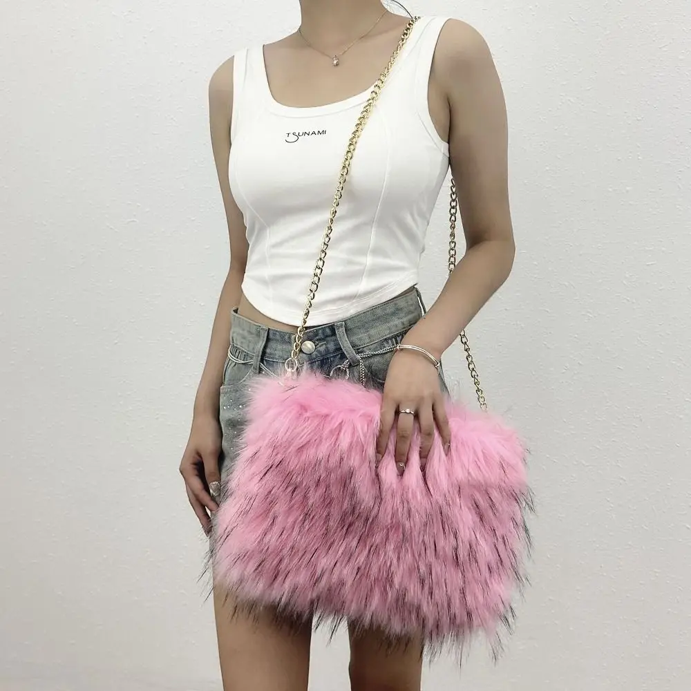 Fashion Cross Body Faux Fur Bag Chains Shaded Colour Fluffy Plush Clucth Bag Luxury Soft Girls