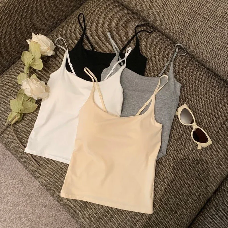 New Simple Cotton Summer Sling Camisole Women Girls Crop Top Sleeveless Shirt Lady Bra Tops Straps Skinny Camisole look thinner image 6