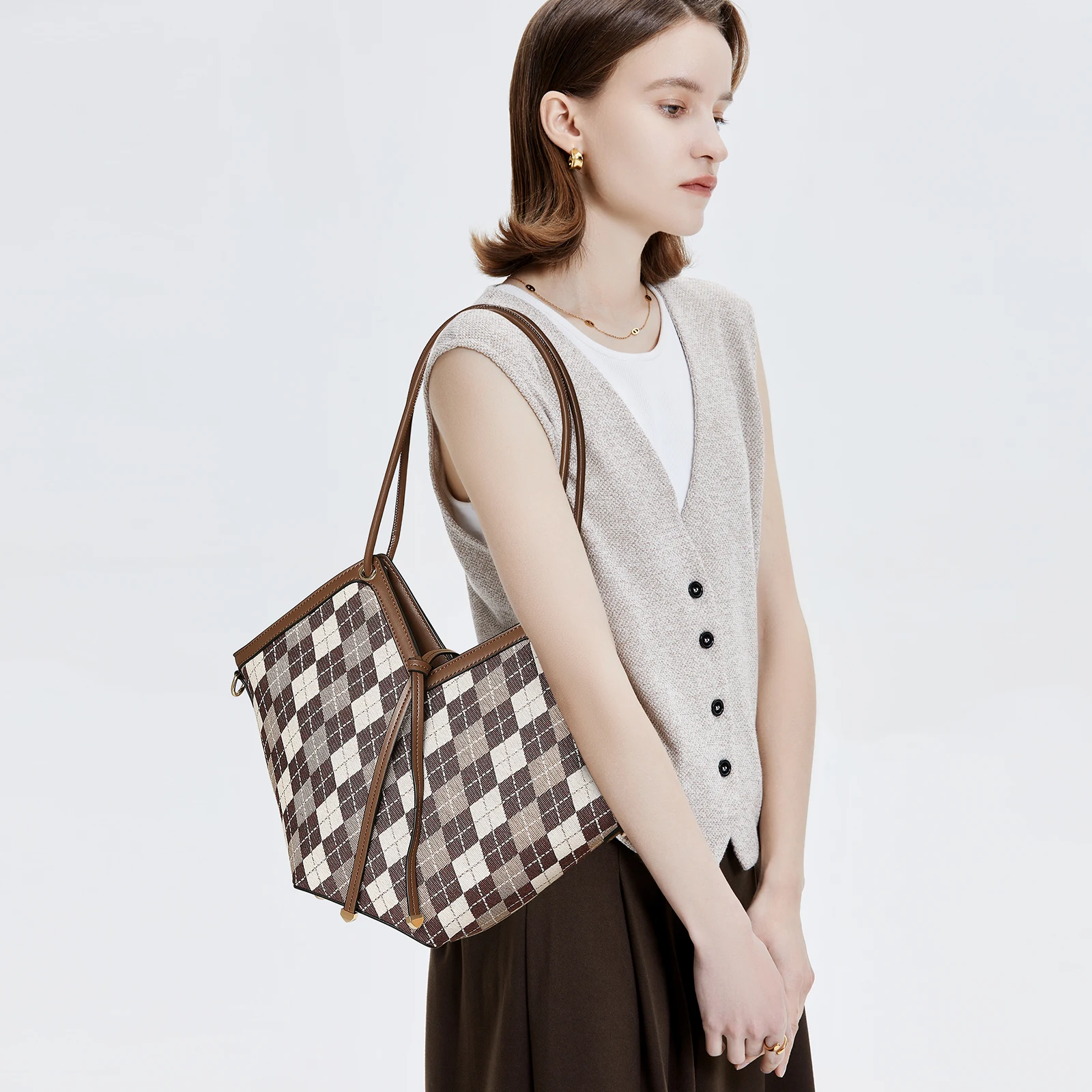 FOXER 2026 Autumn Winter Chic Women's Shoulder Bag Luxury Design Female Handbag Purse Fashion Large Plaid Tote Bag
