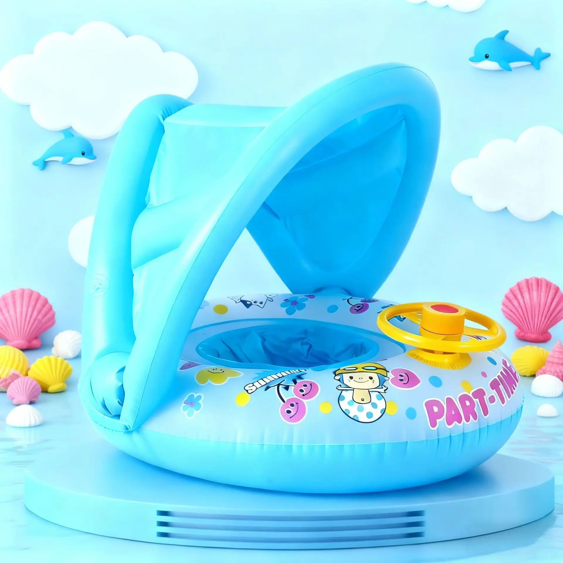 2026 Summer Large Thickened Round Inflatable Swim Ring with Sunshade Steering Wheel Horn Cartoon Pattern for Kids Water Fun