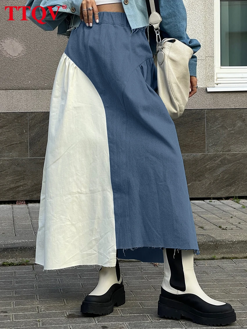 

TTQV Fashion Blue Patchwork Women's Skirt 2026 Spring High Waist Ankle Length Skirt Lady Elegant Classic Skirts Female Clothing