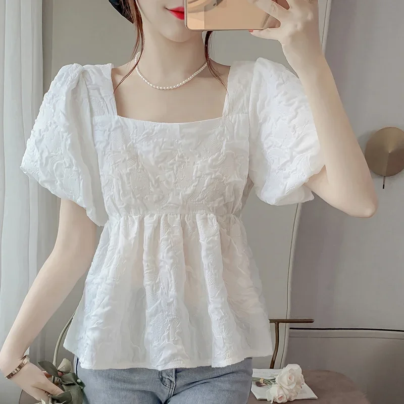 

Simplicity Sweet Summer Women's Square Collar Solid Three-dimensional Decoration Korean Short Sleeve Slim Chiffon Shirt Tops