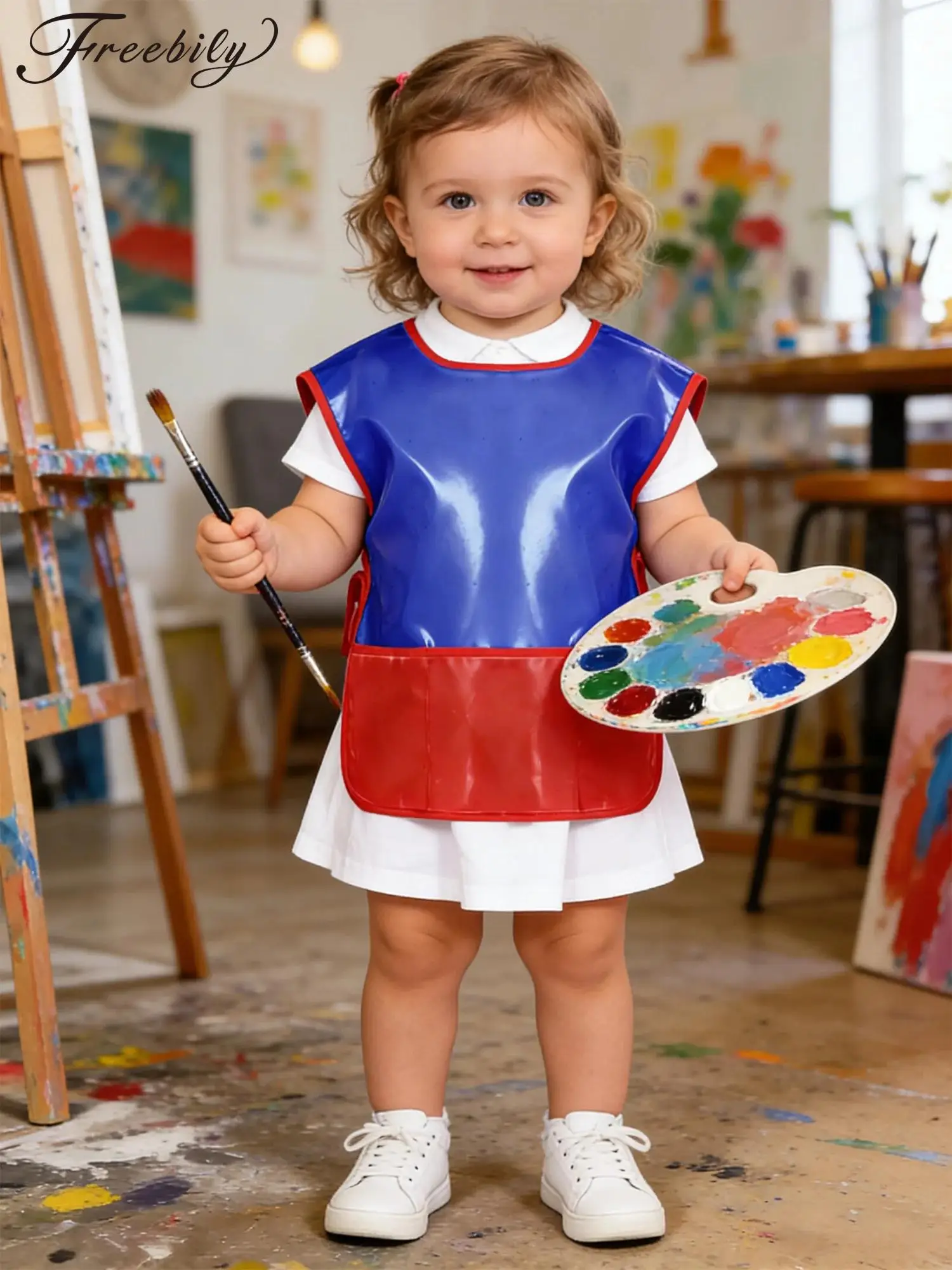 

Baby Waterproof Art Painting Apron Kids Sleeveless Self-tie Side Split Drawing Feeding Bib Painter Smock Cover-up with Pockets