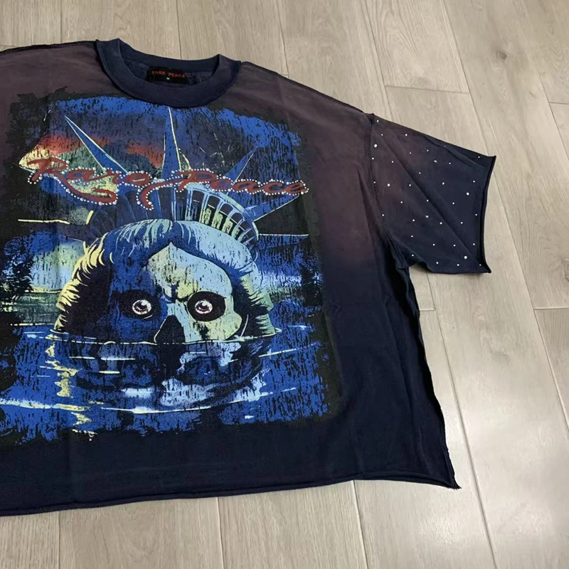 American Retro Distressed Vintage Men's Women's Oversize RARE PEACE Short Sleeved Summer High Quality Trendy Beaded Tops