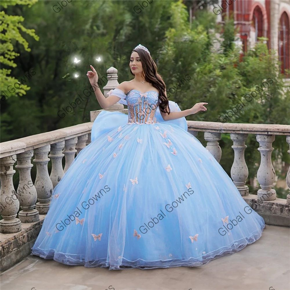 Princess Blue Quinceanera Dress 2024 Butterfly Appliques Bead Crystal Birthday Prom Sweet 16 Gown Vestidos De 15 Años Customized