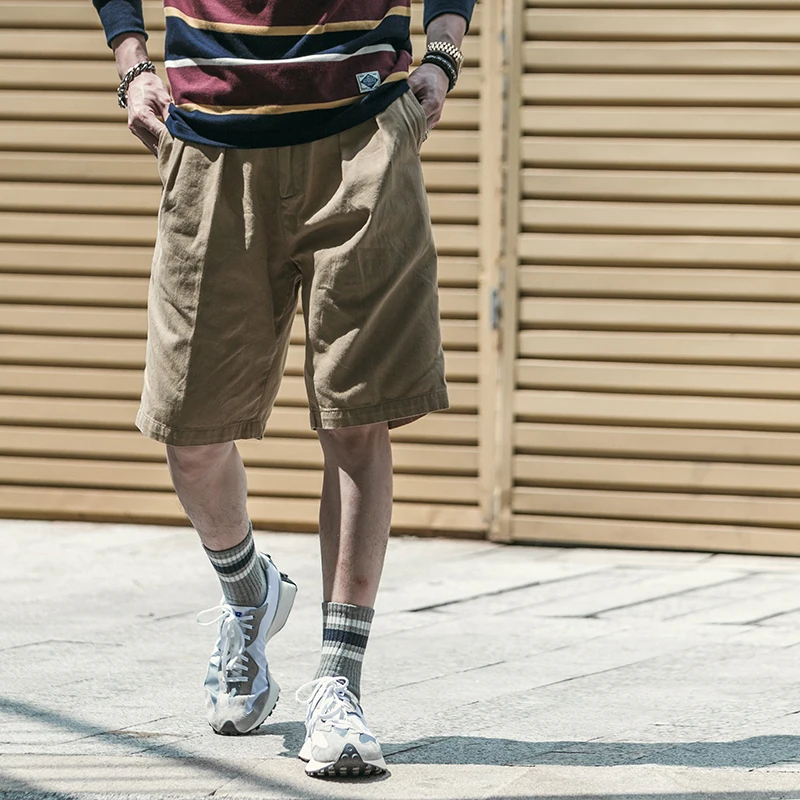 

Loose Wide Leg Workwear Shorts Men's Retro High Waist Two Pleat Casual Pants Straight Cut Cotton Khaki Green All Seasons
