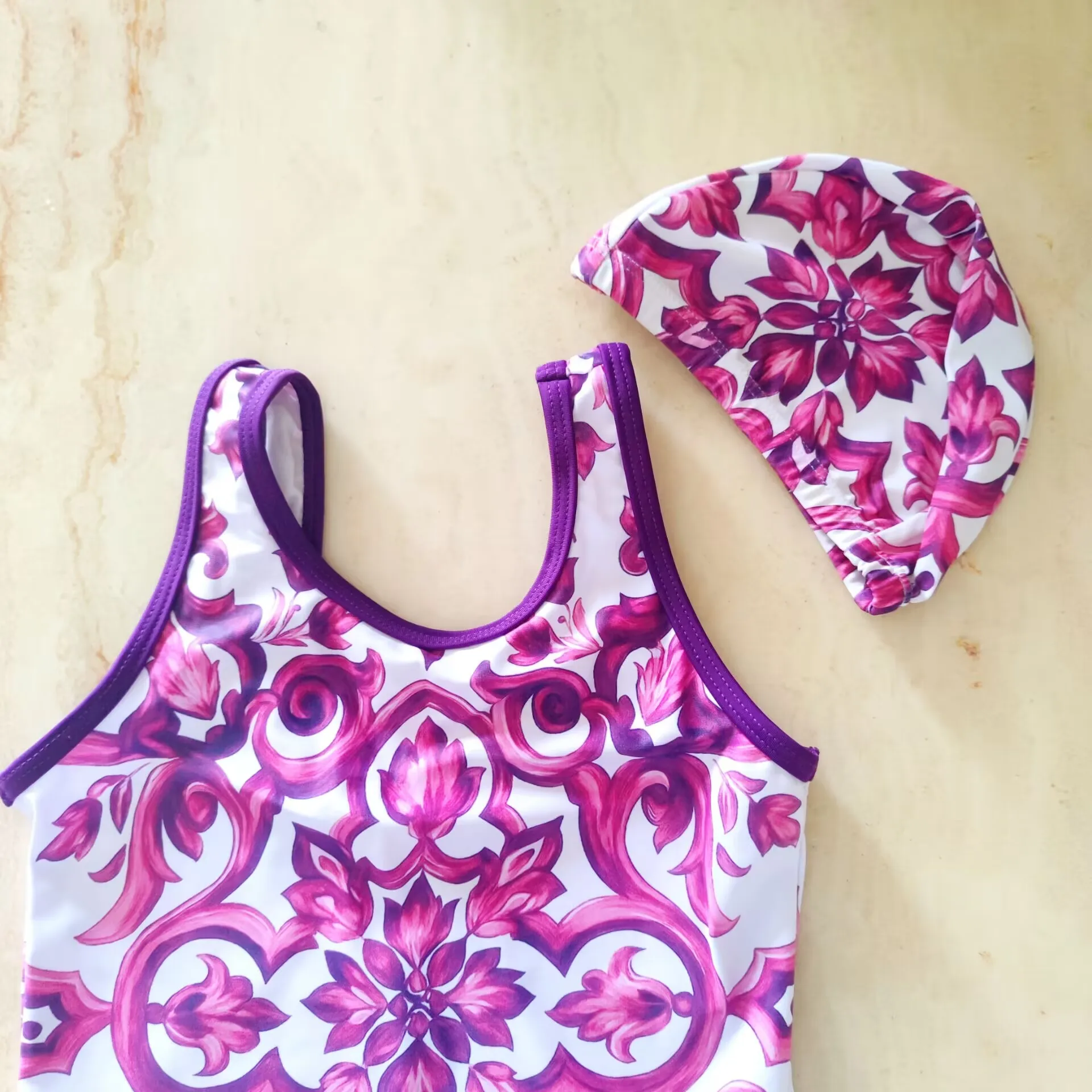 2026 New Children's Swimsuit Purple Floral One Piece Swimsuit With Swim Cap For Girls Toddler Baby Girl Bathing Wear - view 4