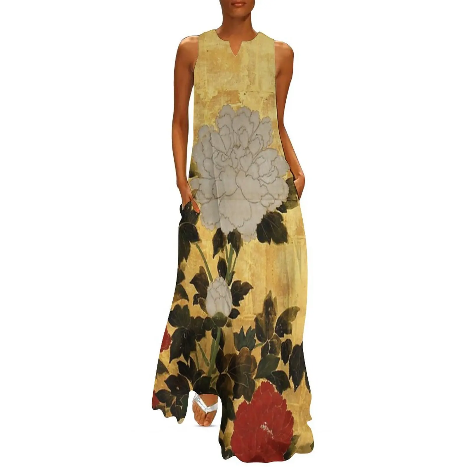 

Vintage Japanese Floral Gold Leaf Screen With Wisteria and Peonies Long Dress Clothing female summer outfits for women 2025