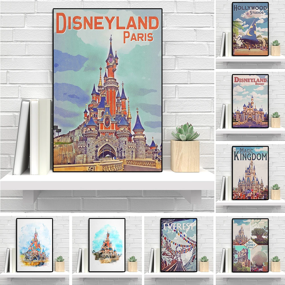 

Disney Magic Castle Graffiti Poster Mickey Mouse And Walt Canvas Painting Cartoon Disneyland Comic Wall Art Princess Room Decor