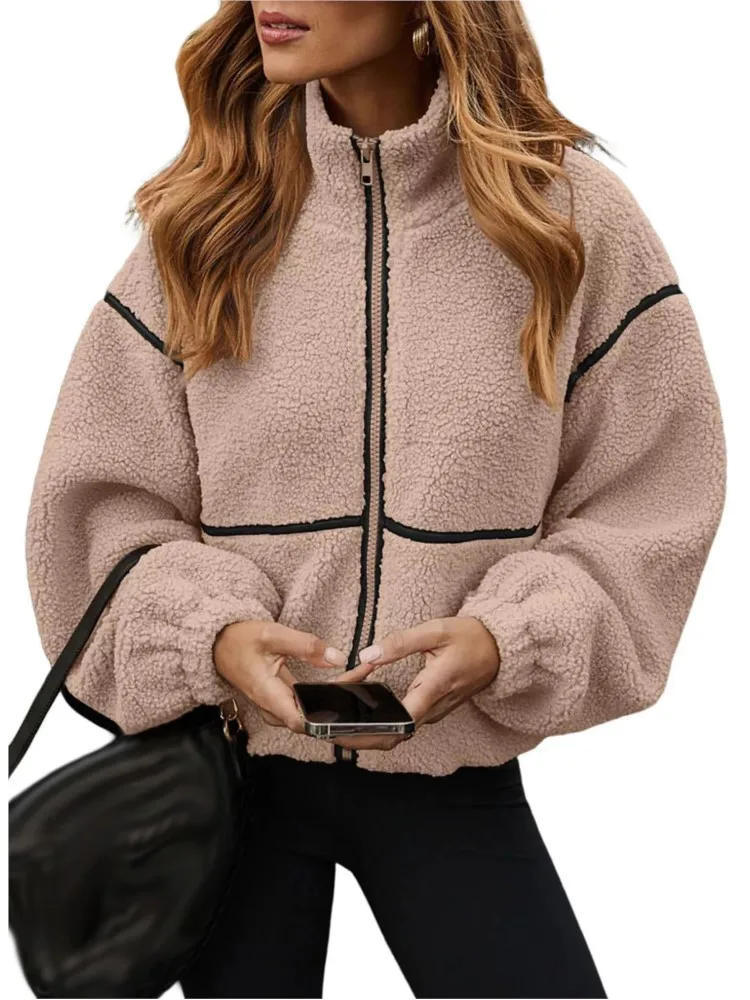 معطف سترة كاجوال مرقع للنساء موضة سادة بأكمام طويلة ورقبة ثابتة وسحاب معاطف علوية ملابس نسائية للعطلات ملابس الشارع الشهير #1