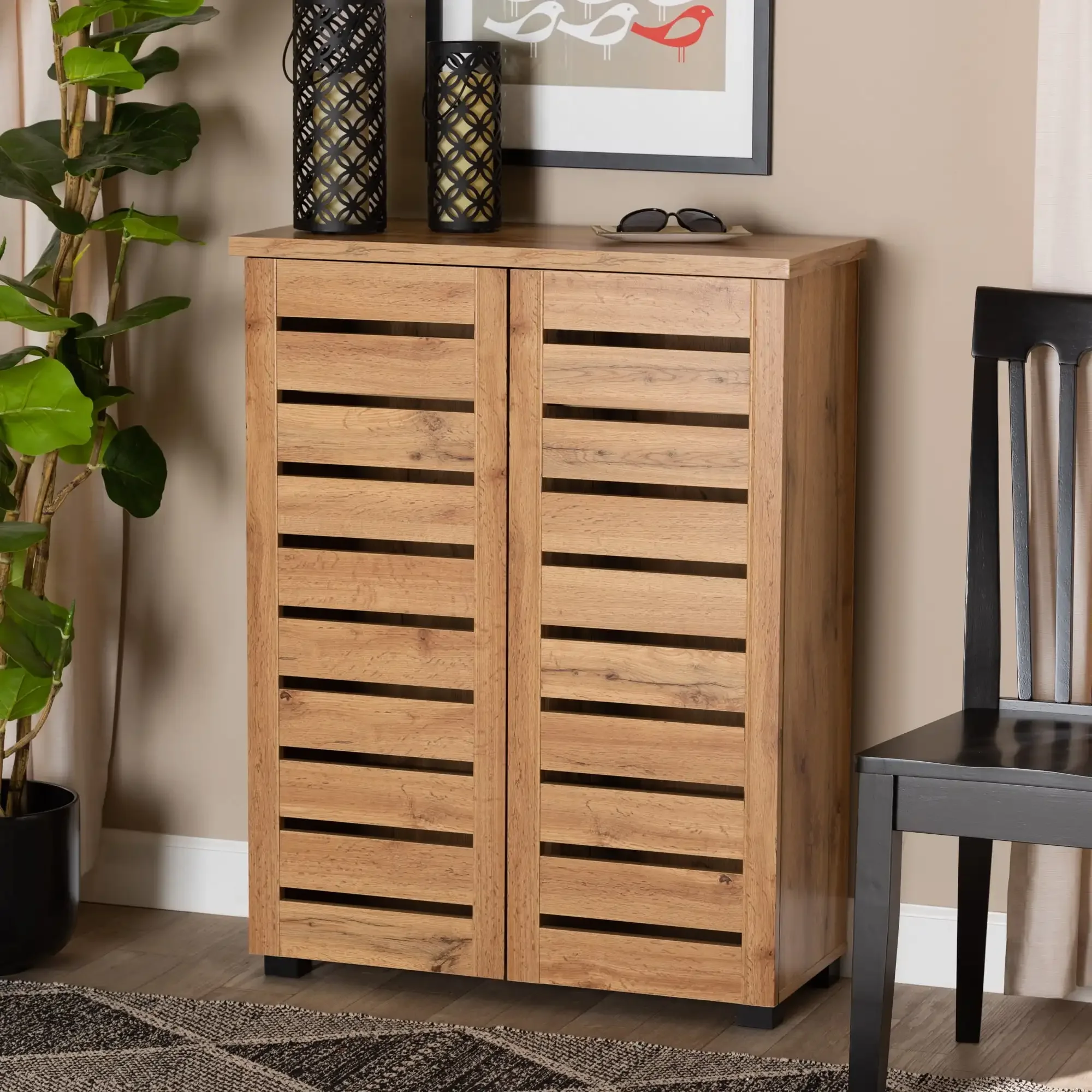 Adalwin Modern and Contemporary Oak Brown Finished Wood 2-Door Shoe Storage Cabinet Ideal for all kinds of Spaces