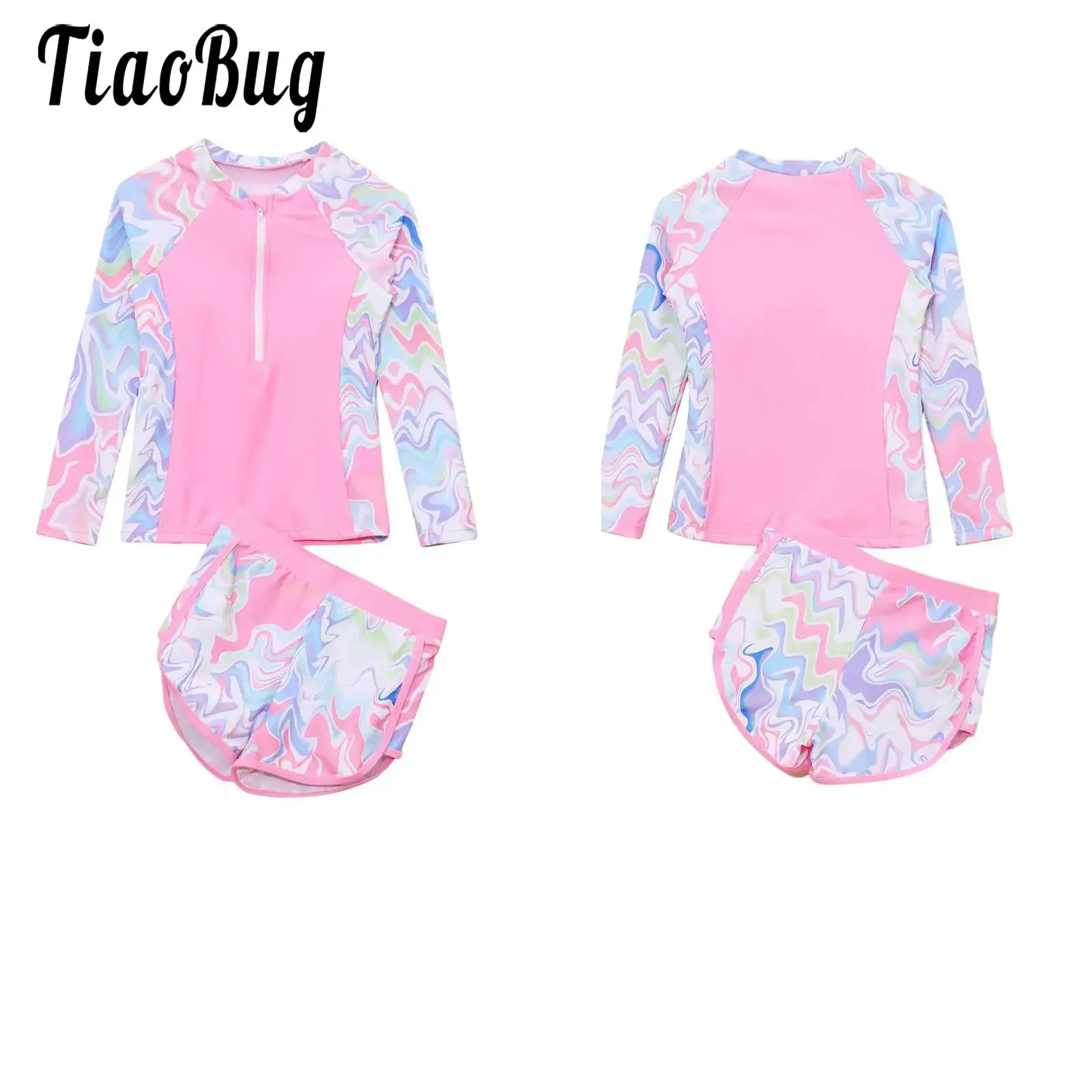 

Girls 2 Pieces Printed Swimsuit Bathing Suit Set Long Sleeve Removable Chest Pads Front Zipper Tops with Shorts Swimwear Outfit