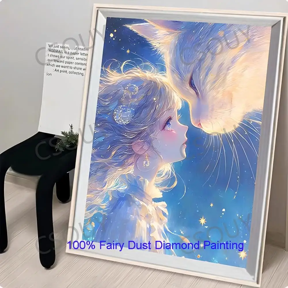 

100% Фея Пыль Diy Алмазная Картина Вышивка Крестом Мультфильм Девушка И Кошка 5D Вышивка Квадратная Мозаика Домашний Декор Рукоделие Кристалл