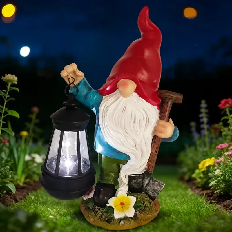for Outdoor Garden Solar Statue Light Dwarf Decor Resin Gnome Lantern Shovel for Lawn Patio Yard Porch