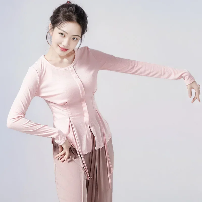 Slim-fit long-sleeved drawstring top Chinese dance classical dance practice clothes body clothes female adult autumn