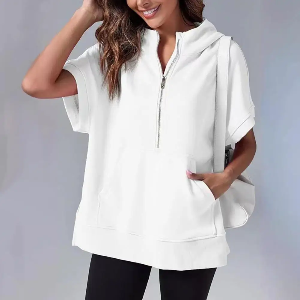 Women Half Zip Pullover Stylish Summer Women's Half Zipper Hoodie Short Sleeves Solid Color Loose Fit with Pocket Ideal for Wear