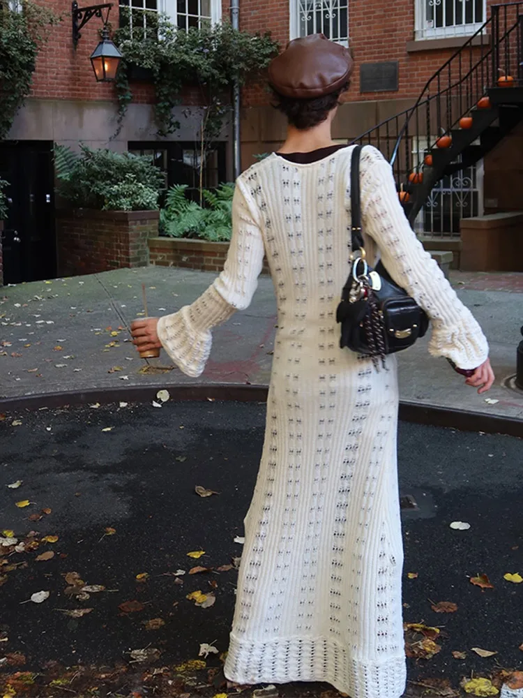 

Elegant Knitted Long Jacket For Women Flare Sleeve V Neck Single Breasted Coat 2025 New Lady Spring Autumn Commuter Outwears