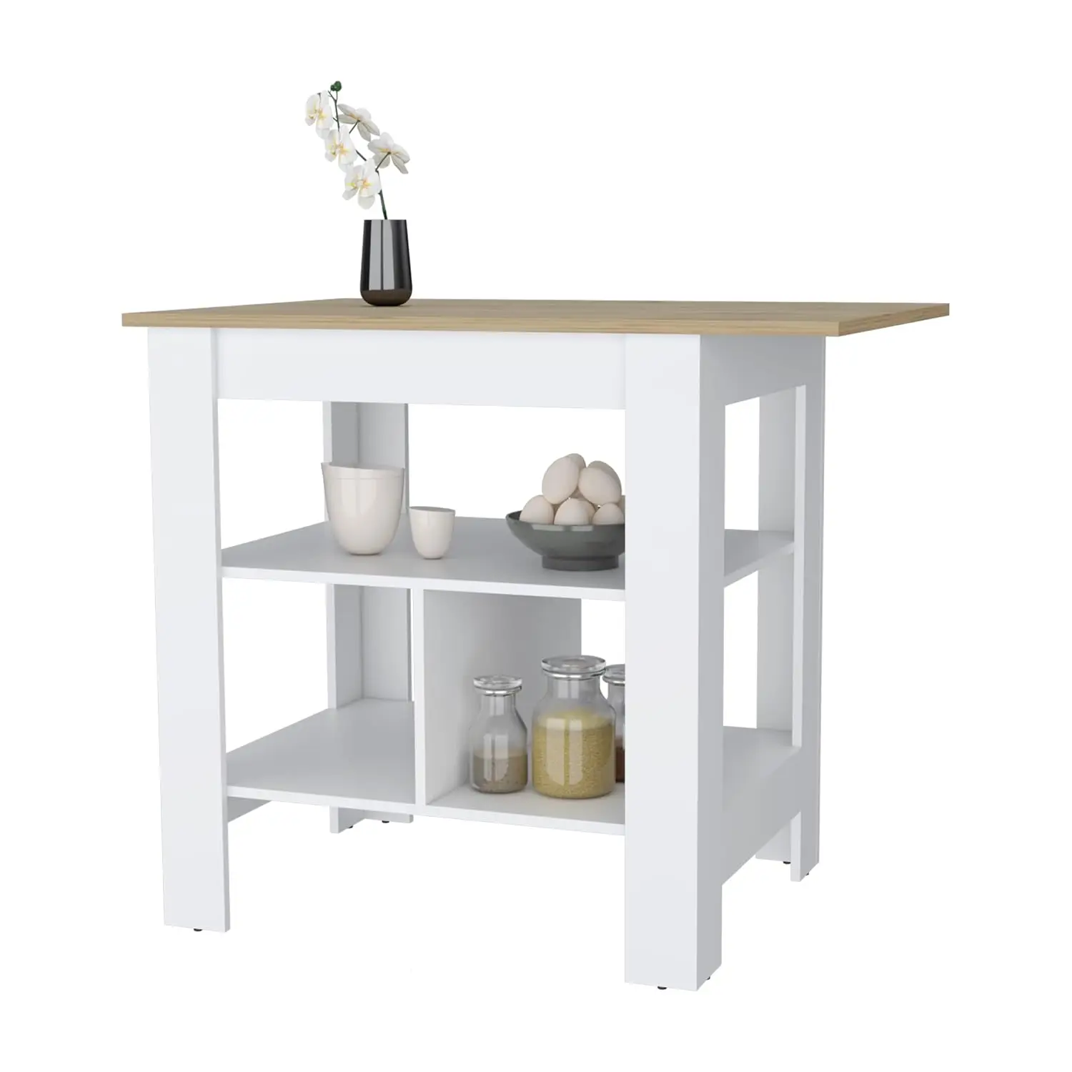 White Kitchen Island 3-Tier Shelf Manufactured Wood Countertop Freestanding Workstation Table, Customized