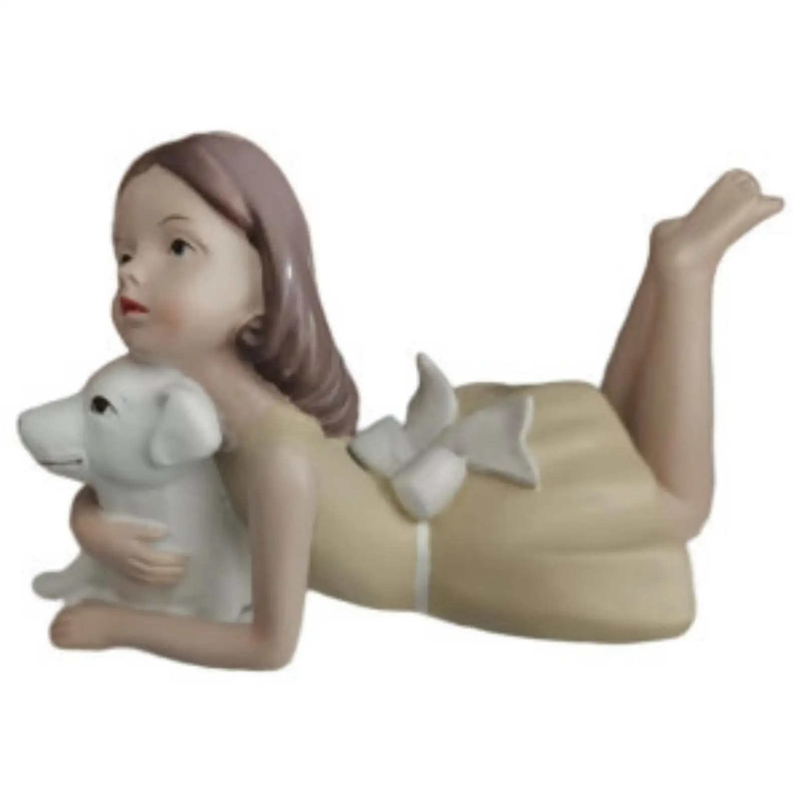 Prone Girl Holding Dog Statue Authentic Painted Resin Tabletop Figure Compact