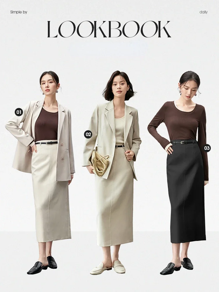 SENTUBILA Korean Fashion Straight Midi Skirt for Women 2025 Autumn Fall Office Work Business Simple Split Long Skirts  143Q56152