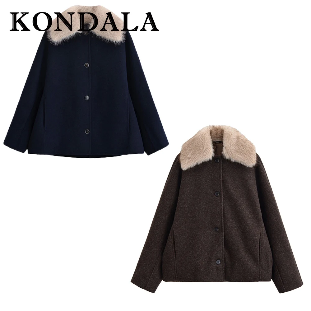 

KONDALA FUR COLLAR 2025 Англия женское однотонное свободное однобортное черное пальто модная осенняя уличная одежда повседневное женское ветровое пальто