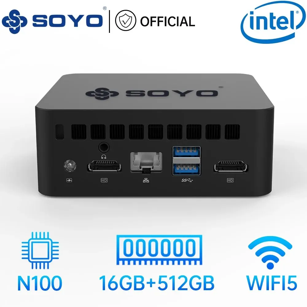 SOYO-Mini PC com Windows 11 Pro, Intel N100, Compacto e Ideal para Casa, Negócios e Jogos, 16GB de RAM, SSD 512GB, M2PLUS2