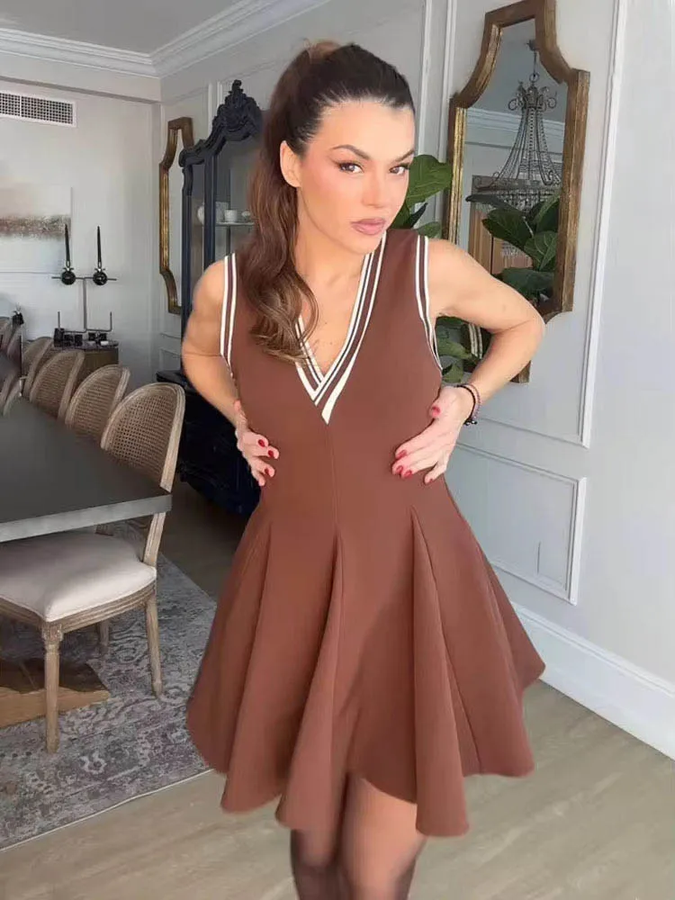 HH Damskie Sukienki Nowa Moda Brązowa Sukienka Bez Rękawów z Dekoltem w Serek i Bocznym Zamkiem Błyskawicznym Letnia Sukienka w Stylu Wakacyjnym Dopasowana Sukienka Ołówkowa