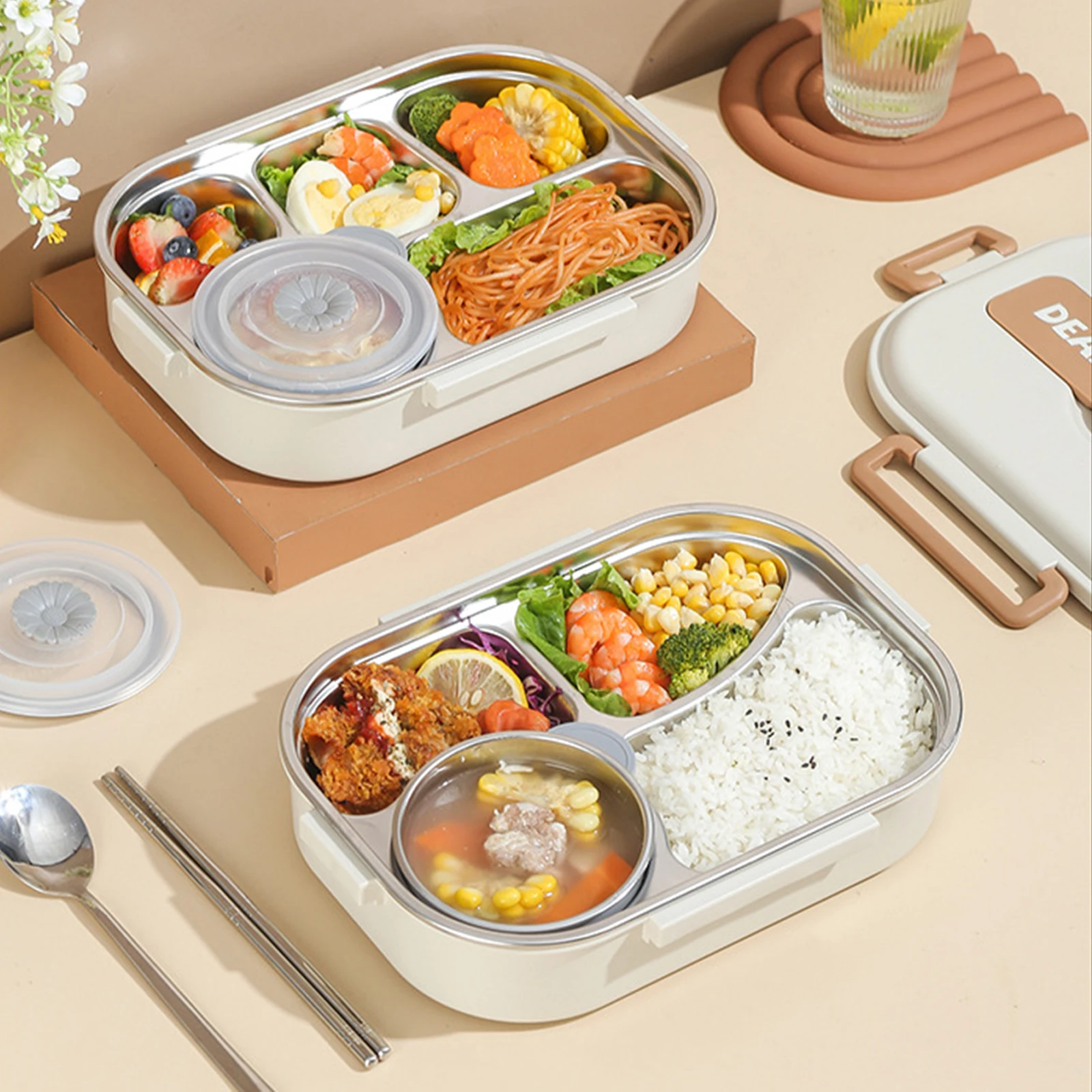 

304 Stainless Steel Thermal Lunchbox With Spoon Chopstick Storage Bag Set Portable Kids Food Insulated Lunch Container Bento Box