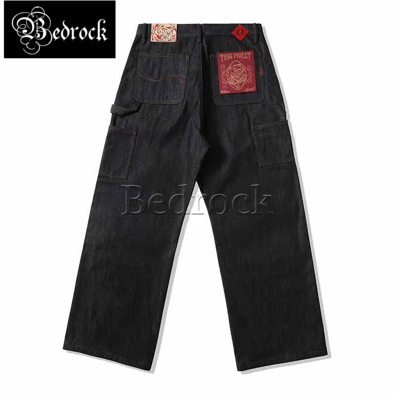 MBBCAR Men's 15OZ Selvedge Denim Jeans Unwashed Super Deep Indigo Limited Edition Raw Denim Wide Leg Cargo Pants Multi Pocket