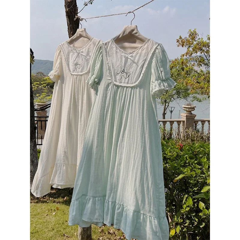 Embroidery Long Night Dress Women Summer Vintage Cotton Short Sleeve Peignoir Sleepwear Princess Nightwear Victorian Nightgowns