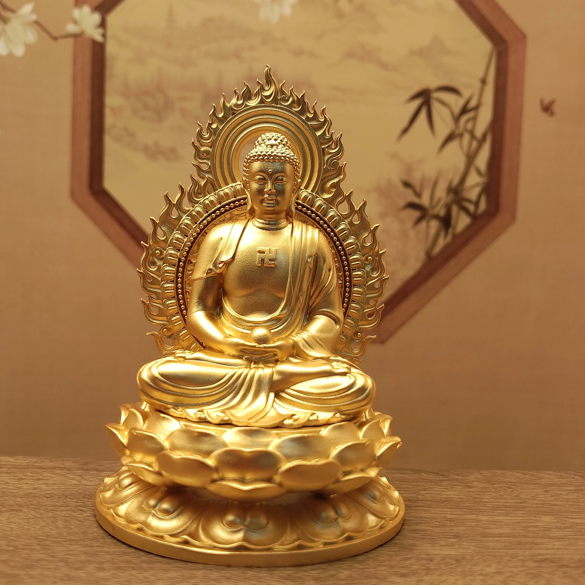 Tibetan Ethnic Brass Gold-Plated Amitabha Buddha Eight Protectors Statue 10cm Home Altar Blessing