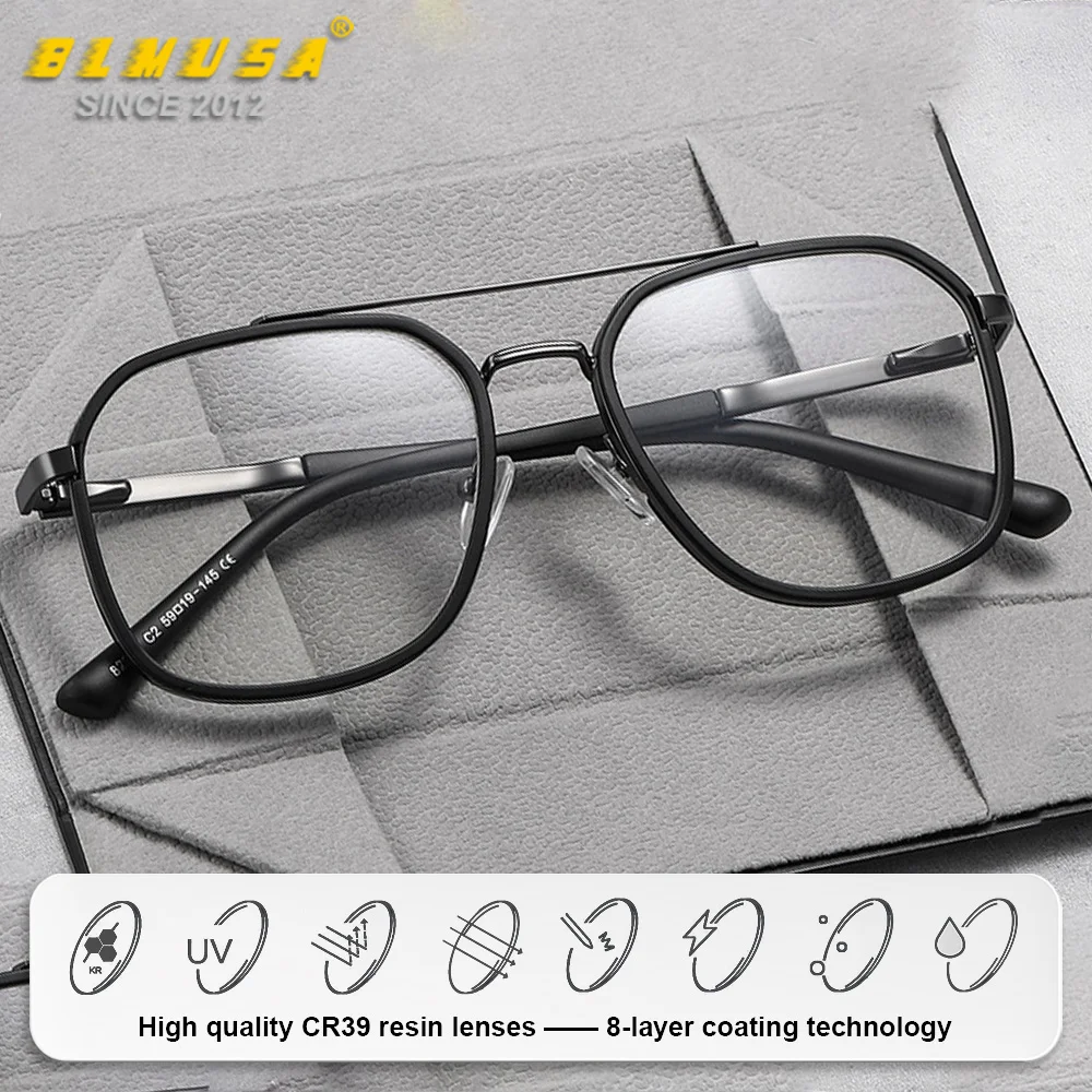 BLMUSA (XL) Trendy Men Pilot Square Myopia Prescription Glasses Blue Light Blocking Computer Multifocal Professional Eyeglasses