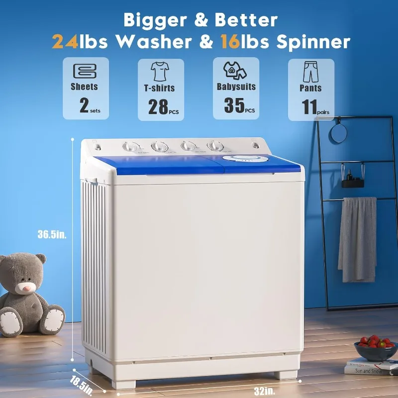 Portable Washing Machine, 40lbs Twin Tub Washer Mini Compact Laundry Machine with Drain Pump, Semi-automatic 24lbs Washer 16lbs