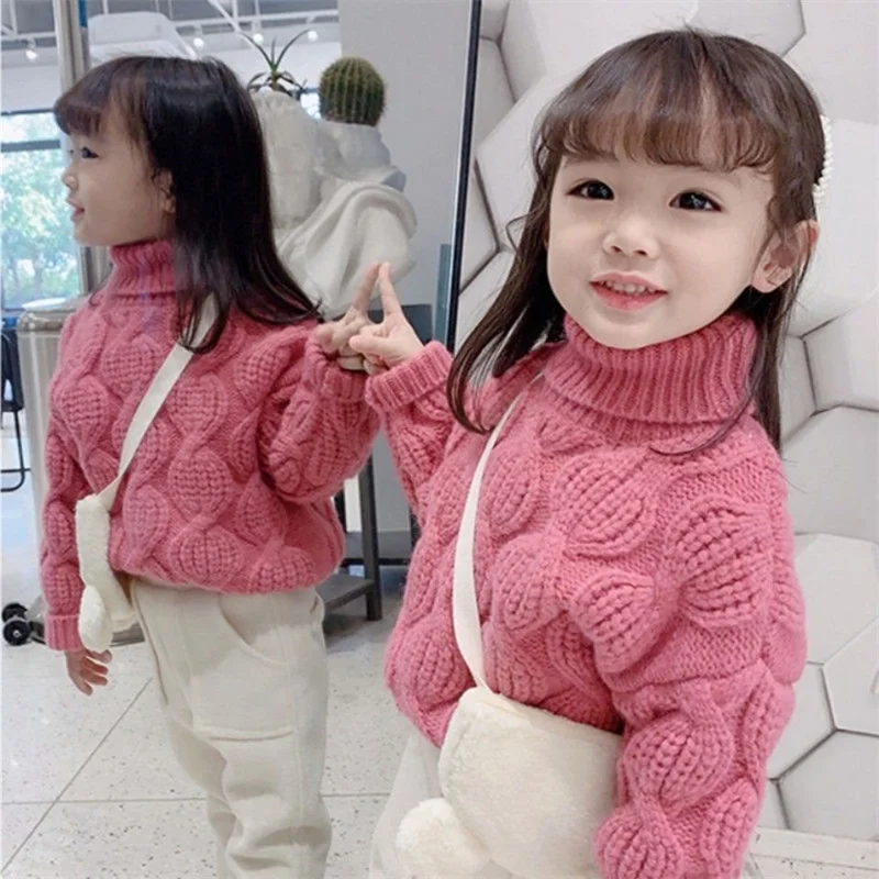 

Girls Sweater Wool Coat Kids Tops Knitting 2024 Rose Thicken Warm Winter Autumn School Pullover Christmas Gift Children's Clothi