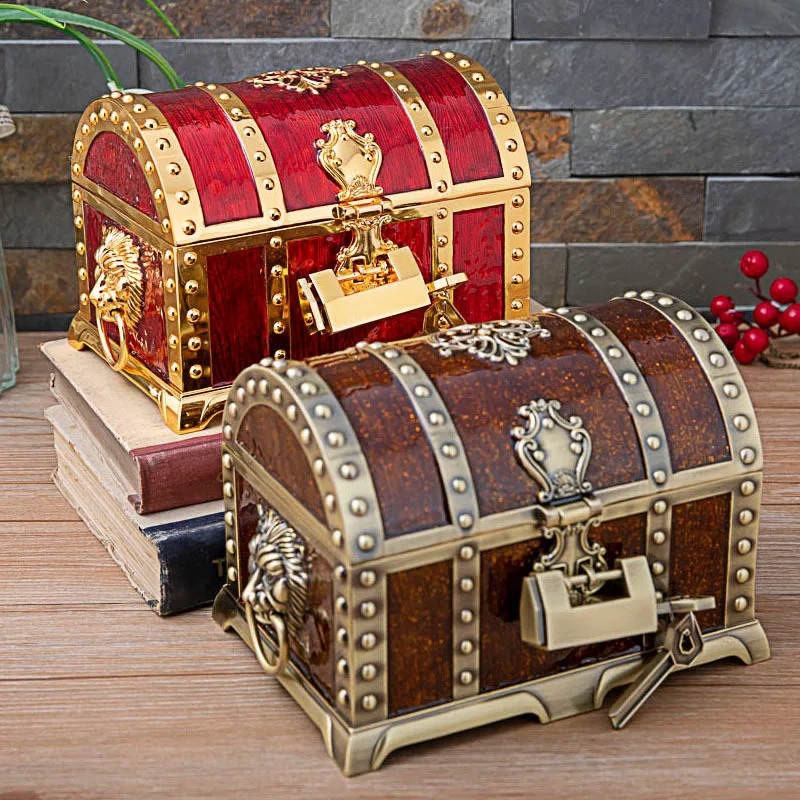 

Metal creative jewelry storage box Large capacity multi-layer with lock Treasure box European retro pirate box Cross-border