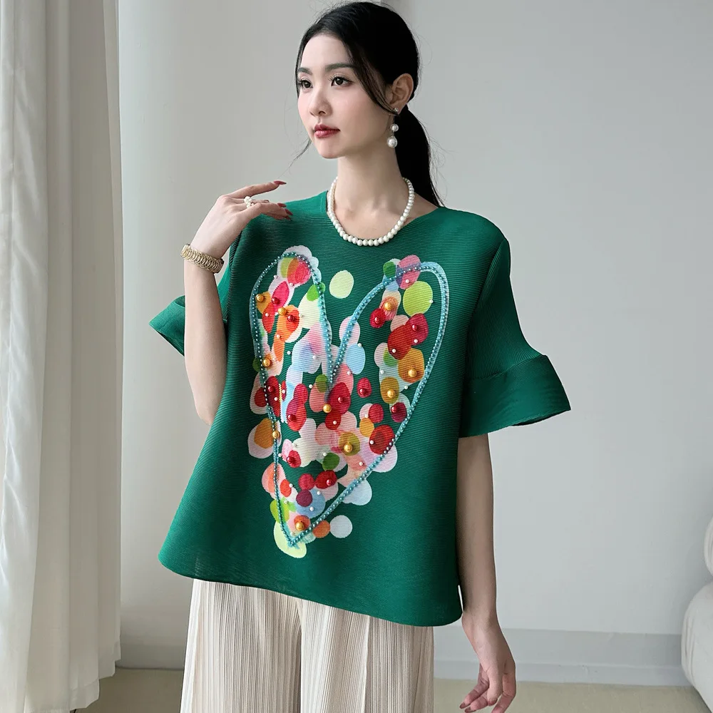 

Miyake Pleated Fashion T-shirt Temperament Beaded 2025 Summer New Versatile Half-sleeved Round Neck Loose Casual Loose New