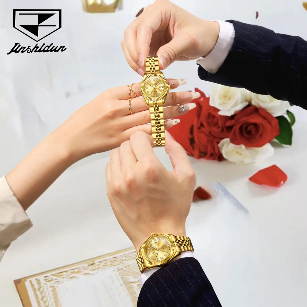 JSDUN 8737 Orologio da coppia Orologio meccanico automatico da lavoro di marca di lusso Elegante orologio da coppia con specchio in zaffiro e diamanti