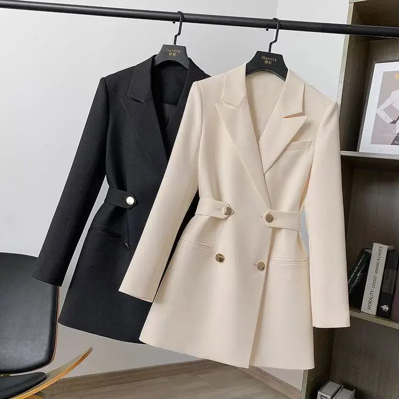 2025 New Women Blazers Fashion Coat Autumn Winter Suit Lady Business Office Blazer Black White Mid Length Female Outerwear