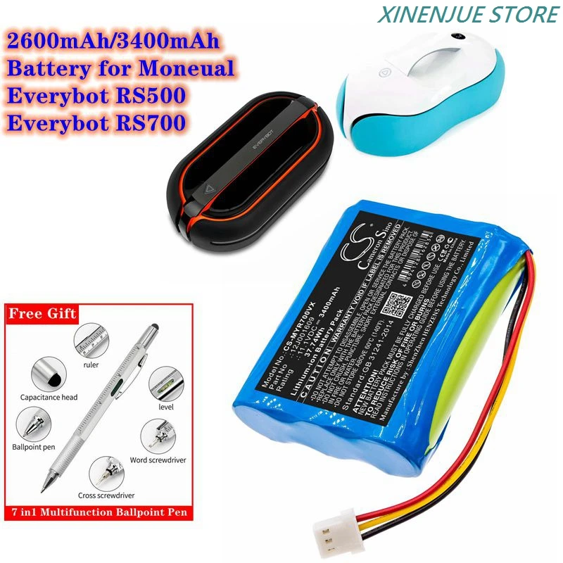 Robot Vacuum Cleaner Battery 11.1V/2600mAh/3400mAh 12J001609 for Moneual Everybot RS500,RS700