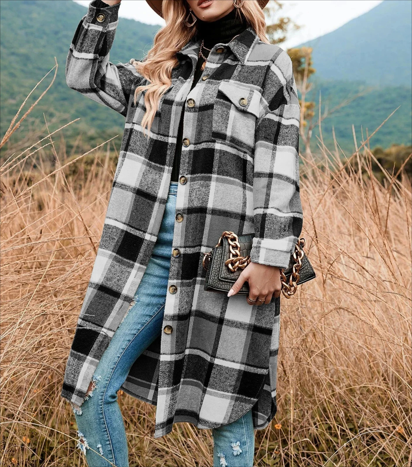 معطف قميص نسائي منقوش بأزرار أمامية وأكتاف منسدلة، كاجوال بأكمام طويلة وياقة وجيب قلاب، ملابس خارجية للخريف والشتاء