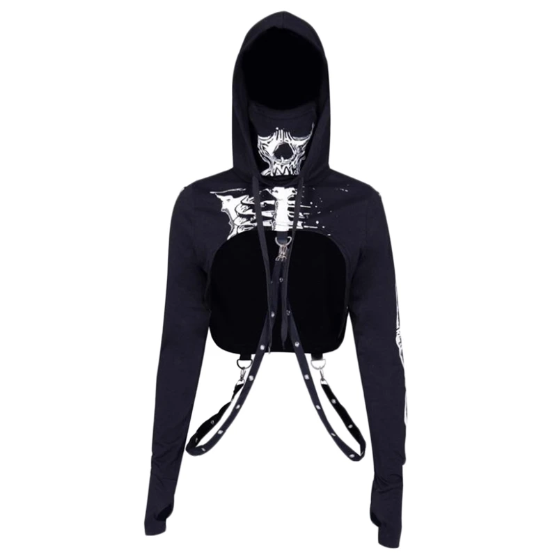 

Women Goth Punk Hoodie Crop Top Harajuku Skull Skeleton Mask Turtleneck Cutout Long Sleeve Pullover Sweatshirt with Bandage N7YF