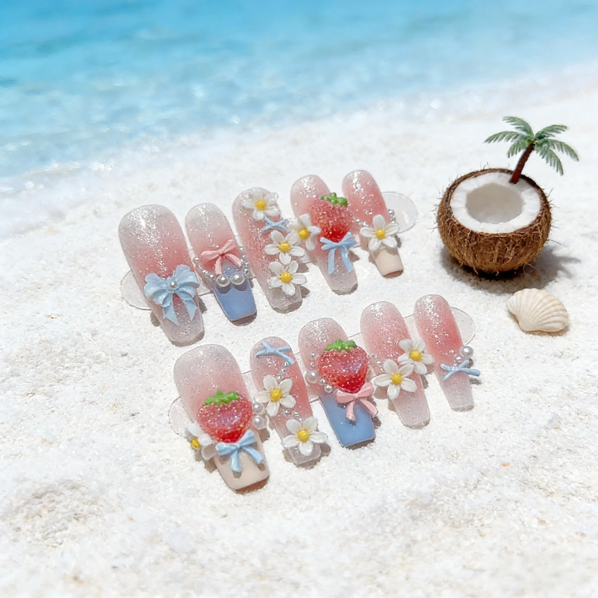

10pcs Strawberry French Gradient Handmade Nails Floral Bow Pearl Chain Press on Nail Long Ladder Fake Nail for Women&Girl