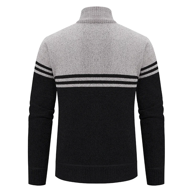 Men\'s New Winter Sweater Thick Fleece Warm Sweater Casual Stand Collar Zipper Cardigan Fashion Striped Coat