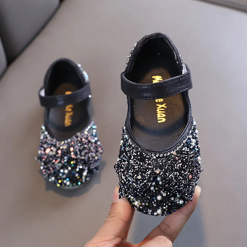 

2023 Spring/Autumn New Girl Princess Bow Sequin Kids Flats Shoes Child Leather Shoes Baby Sandals Children Wedding Party Shoes
