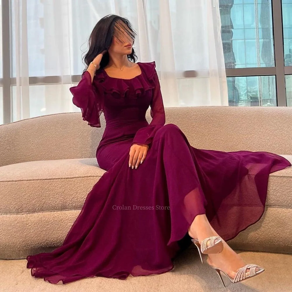 

Ruffles Neck Long Sleeves A-line Evening Gowns Party Prom Women's Plain Bell Sleeves Ankle-Length Chiffon Long Dress Vestidos