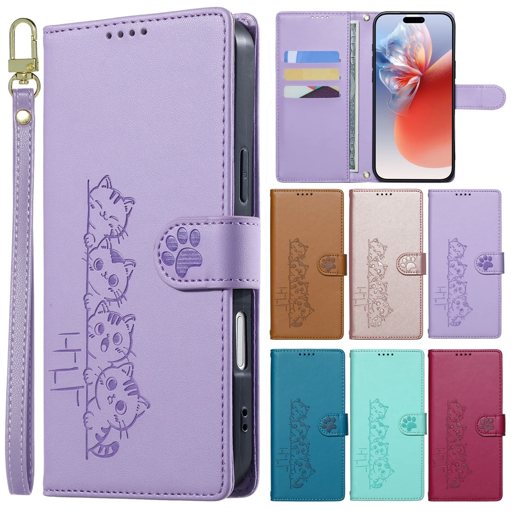 Handyhülle für Samsung Galaxy S26 Ultra S25 Edge S24 Plus S23 S22 S21 S20 FE 5G Hüllen Niedliche Katzen-Leder-Brieftasche Flip-Cover mit Riemen