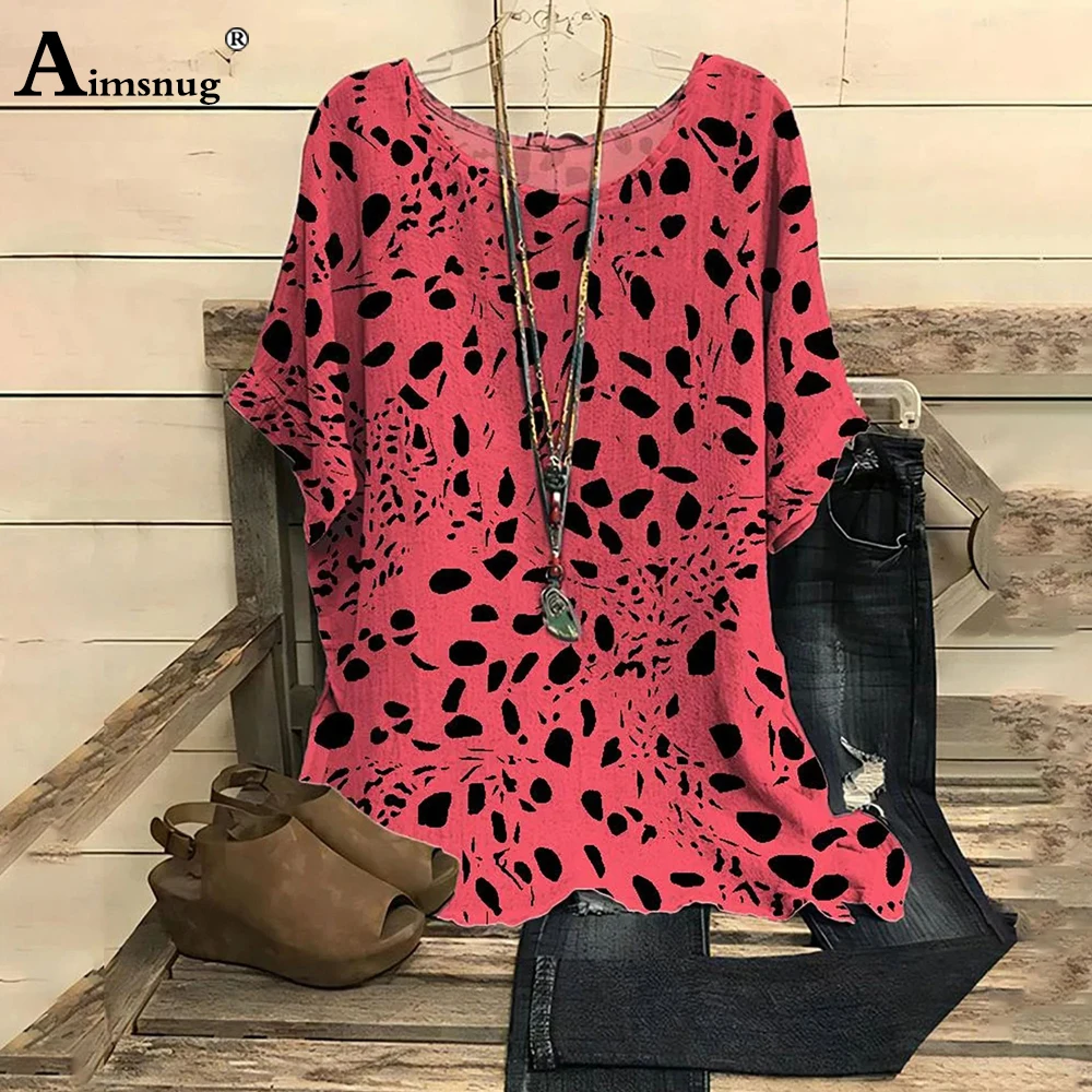 Aimsnug 2023 Summer Casual Linen Blouse Plus Size 4xl 5xl Female Short Sleeve Boho Flower Print Shirt Women Contrast Street Tops